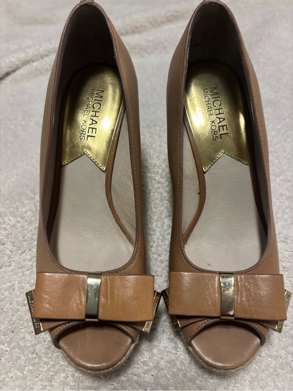 Michael Kors Tan Peep-Toe Bow Pumps with Gold Accent